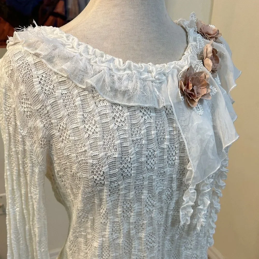 Zba (zee-bo)Elegant White Lace Women Top with Floral Fringe Accents Size Large - Picture 6 of 12